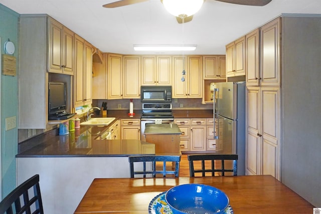 201 Blue River Rd, Cadiz, KY 42211 - kitchen featuring a sink, ceiling fan, appliances with stainless steel finishes, dark countertops, and a peninsula