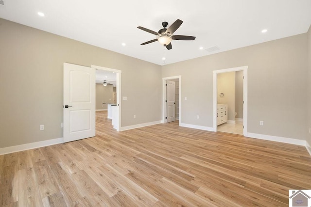 102 Ironwood Dr, Murray, KY 42071 - unfurnished bedroom with baseboards, recessed lighting, light wood-style floors, a ceiling fan, and connected bathroom