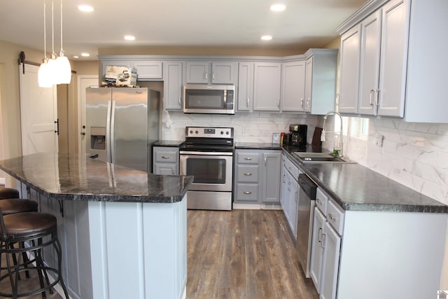 kitchen featuring a sink, recessed lighting, appliances with stainless steel finishes, and dark wood finished floors