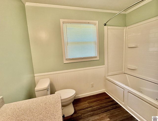 full bathroom with wainscoting, toilet, ornamental molding, and wood finished floors