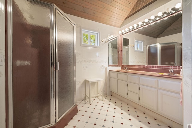 full bath featuring lofted ceiling, tile patterned floors, wood ceiling, and a sink