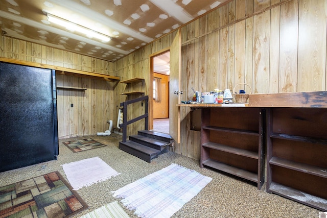 exercise room featuring wooden walls and carpet