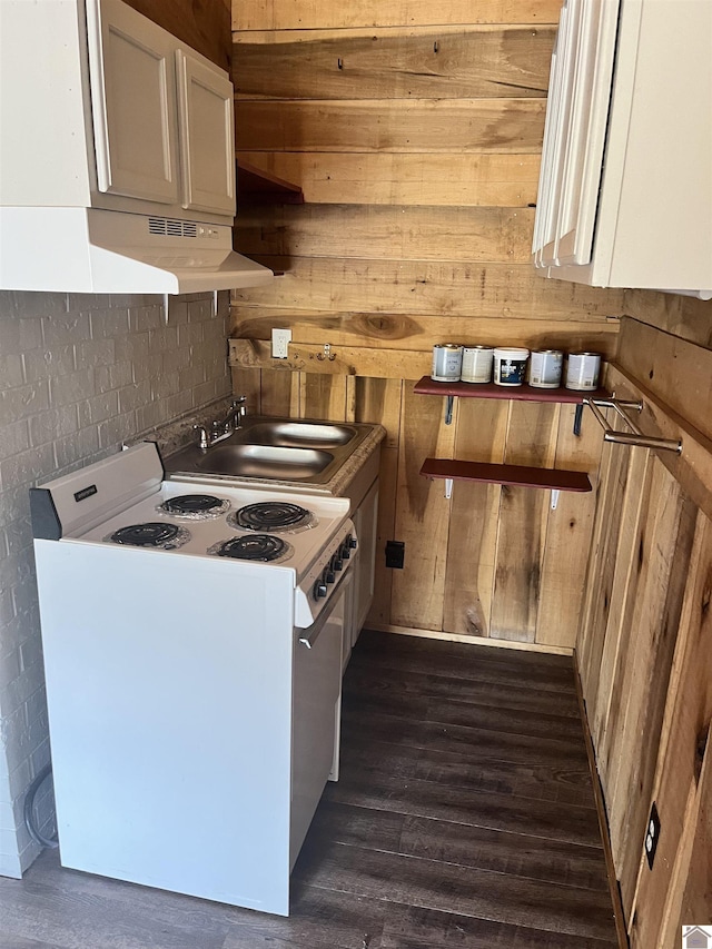 kitchen with dark wood finished floors, white electric range, wood walls, a sink, and decorative backsplash