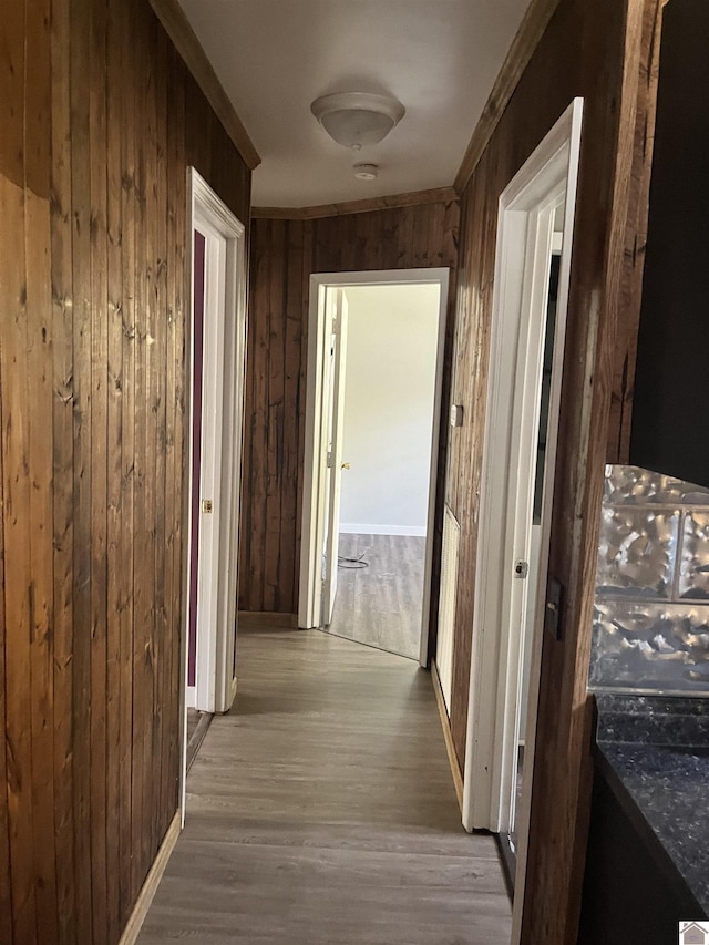 corridor featuring wood finished floors and wood walls