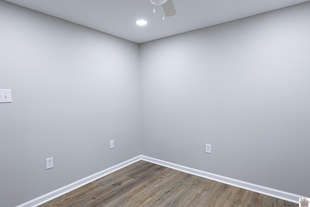 unfurnished room with baseboards, recessed lighting, a ceiling fan, and dark wood-type flooring