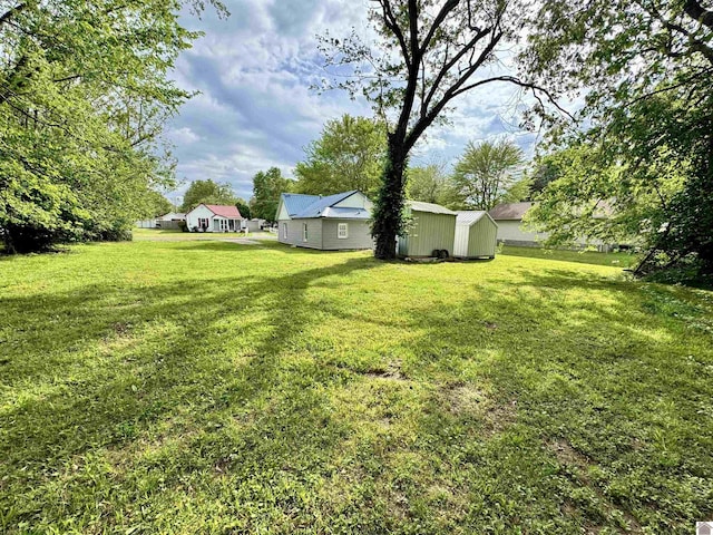 view of yard featuring an outdoor structure and a storage shed