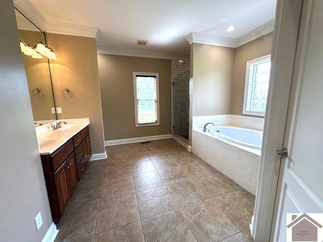 57 Rippling Creek Dr, Murray, KY 42071 - full bath with a sink, a bath, a stall shower, double vanity, and ornamental molding