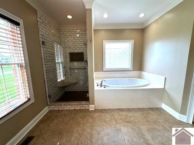57 Rippling Creek Dr, Murray, KY 42071 - bathroom with tile patterned floors, a shower stall, ornamental molding, baseboards, and a garden tub