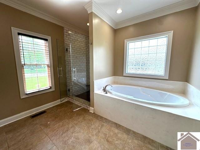 57 Rippling Creek Dr, Murray, KY 42071 - bathroom with a wealth of natural light, a shower stall, crown molding, and a bath