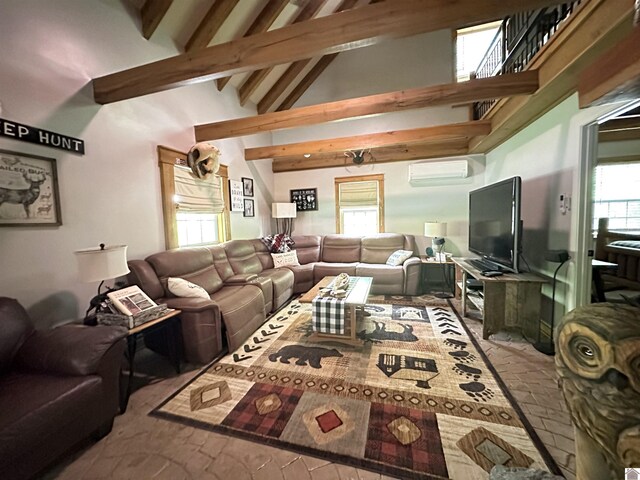 living room with a wall mounted air conditioner and lofted ceiling with beams