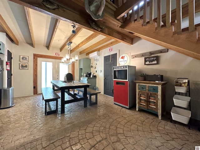 dining room featuring a chandelier, a wall mounted air conditioner, and beamed ceiling