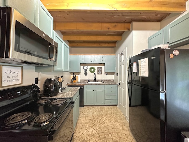 kitchen featuring wooden ceiling, green cabinetry, beamed ceiling, black appliances, and a sink