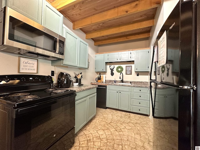 kitchen featuring beamed ceiling, a sink, green cabinets, wooden ceiling, and black appliances