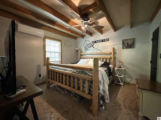 bedroom featuring beamed ceiling, ceiling fan, a wall unit AC, and baseboards