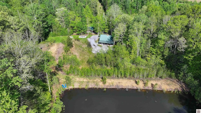birds eye view of property with a water view and a view of trees