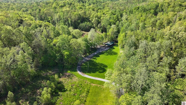 birds eye view of property featuring a forest view