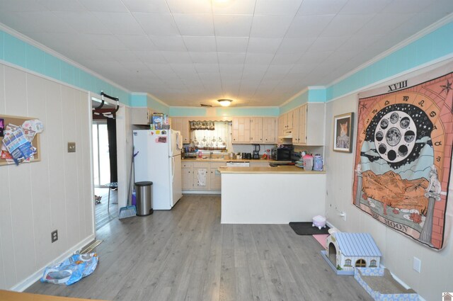 5770 Metropolis Lake Rd, West Paducah, KY 42086 - kitchen with a peninsula, ornamental molding, freestanding refrigerator, and light wood-type flooring