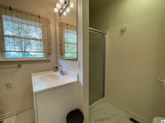 11189 E State Route 94, Murray, KY 42071 - bathroom featuring visible vents, a stall shower, baseboards, vanity, and marble finish floor
