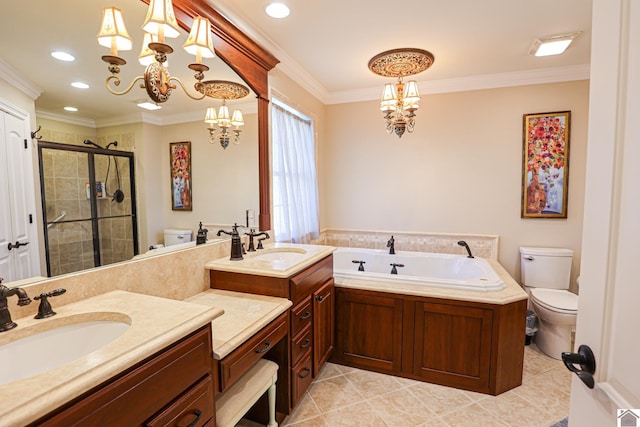 full bath with a chandelier, a stall shower, toilet, ornamental molding, and tile patterned flooring