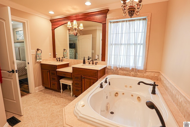 bathroom with ornamental molding, a whirlpool tub, double vanity, and a chandelier