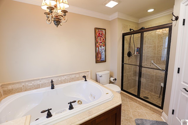 bathroom with crown molding, a stall shower, toilet, a tub with jets, and tile patterned flooring