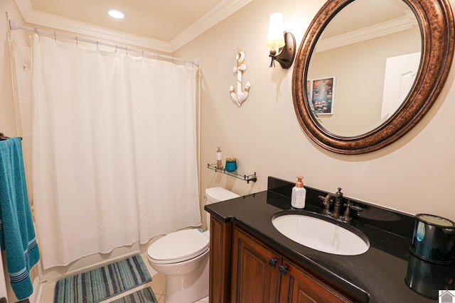 bathroom featuring toilet, tile patterned flooring, ornamental molding, and vanity