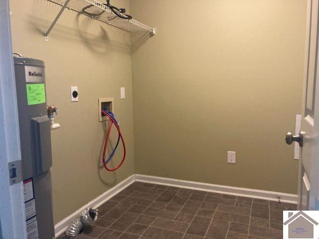washroom with water heater, washer hookup, hookup for an electric dryer, and baseboards