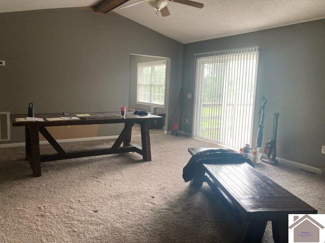 rec room featuring a ceiling fan, carpet floors, and baseboards
