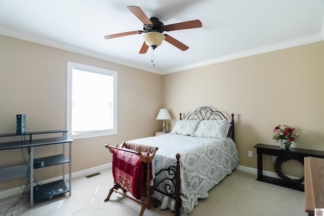bedroom with carpet flooring, baseboards, and ornamental molding