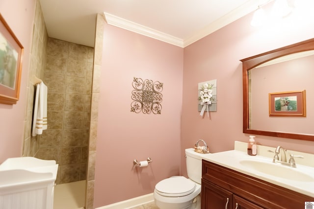 full bath with vanity, ornamental molding, walk in shower, and toilet