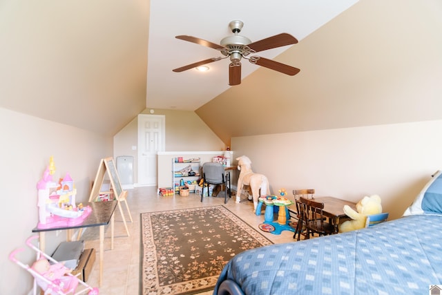bedroom featuring ceiling fan and lofted ceiling