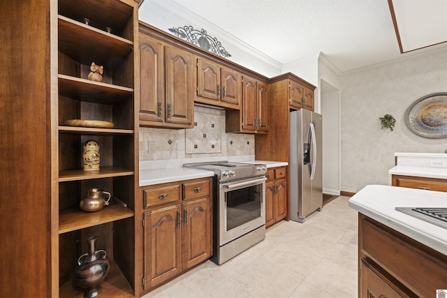 kitchen featuring crown molding, appliances with stainless steel finishes, tasteful backsplash, open shelves, and light countertops