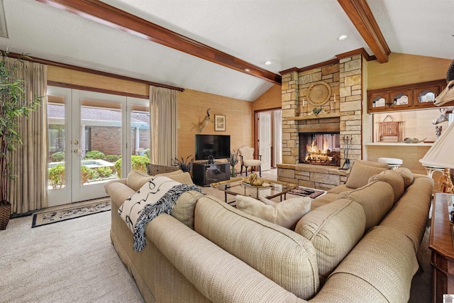 living area with carpet flooring, recessed lighting, vaulted ceiling with beams, and a fireplace