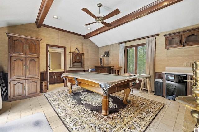 rec room featuring pool table, light tile patterned floors, ceiling fan, and vaulted ceiling with beams