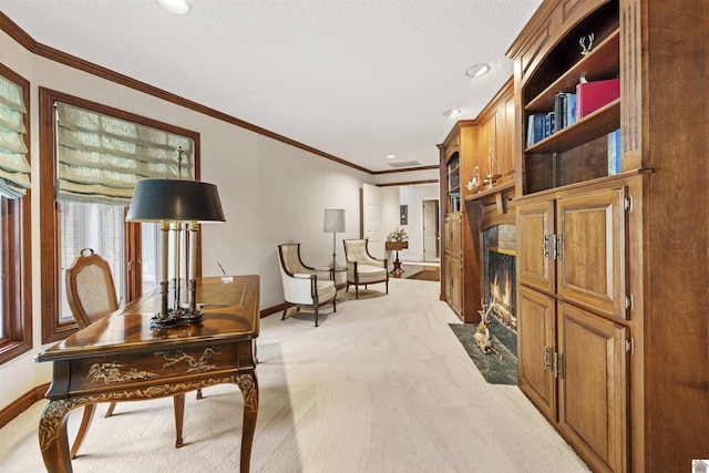 living area with light colored carpet, a high end fireplace, baseboards, ornamental molding, and recessed lighting