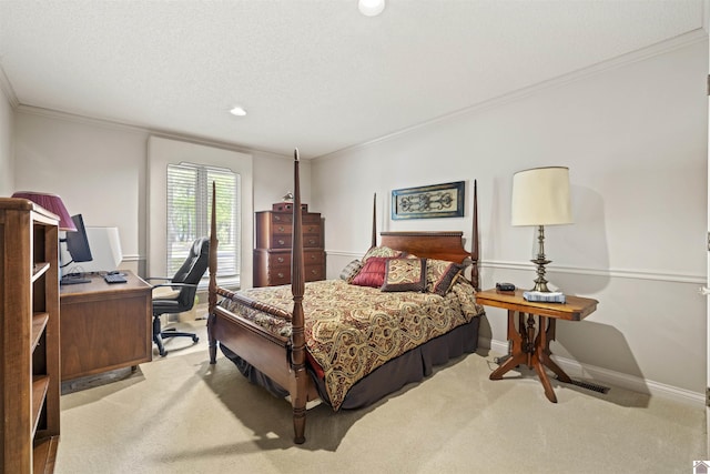 carpeted bedroom with baseboards, ornamental molding, recessed lighting, and a textured ceiling