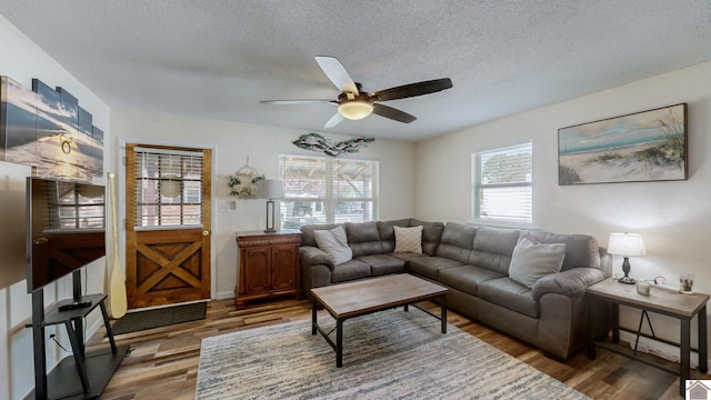 living area featuring a ceiling fan, a textured ceiling, and wood finished floors