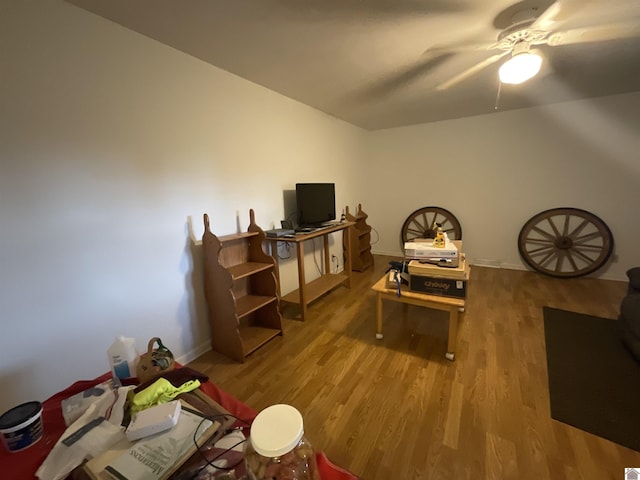 living room with a ceiling fan and wood finished floors