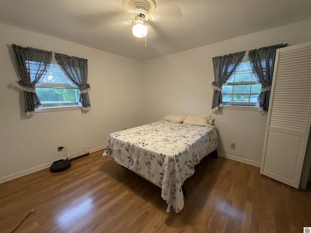 bedroom featuring baseboards, multiple windows, and wood finished floors