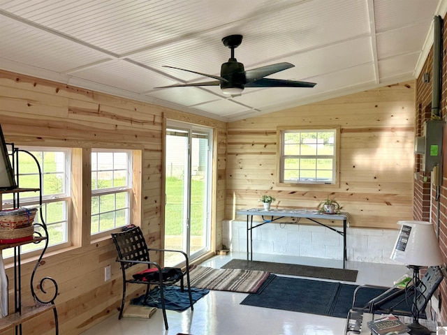 3458 Palma Rd, Calvert City, KY 42029 - sitting room with ceiling fan, vaulted ceiling, and wooden walls