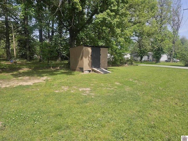 view of yard with an outdoor structure and a shed