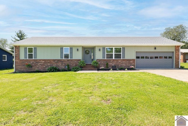 single story home featuring brick siding, a garage, a front lawn, and driveway