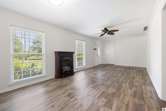 39 Gibbs Store Rd, Murray, KY 42071 - unfurnished living room featuring ceiling fan, ornamental molding, wood finished floors, and visible vents