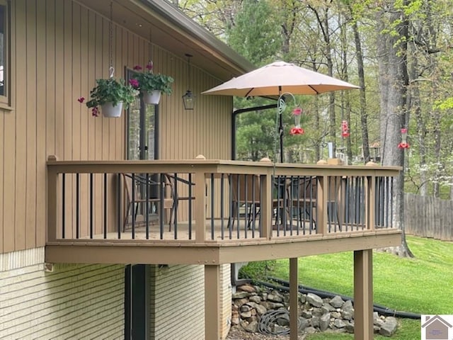 wooden deck featuring a yard