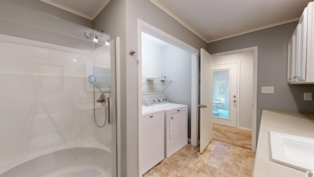 608 E 12th St, Benton, KY 42025 - washroom featuring crown molding, baseboards, light colored carpet, washer and clothes dryer, and a sink