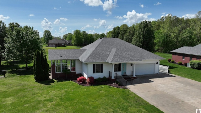 ranch-style house featuring a garage, a front lawn, a shingled roof, and concrete driveway