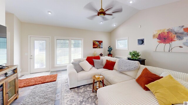 living room with recessed lighting, ceiling fan, and vaulted ceiling