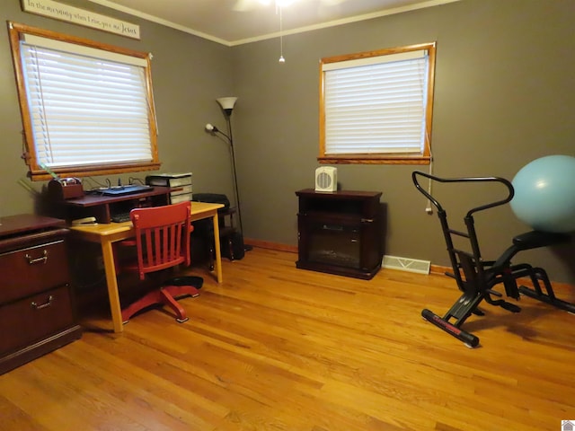 office with light wood-style floors, ornamental molding, baseboards, and visible vents