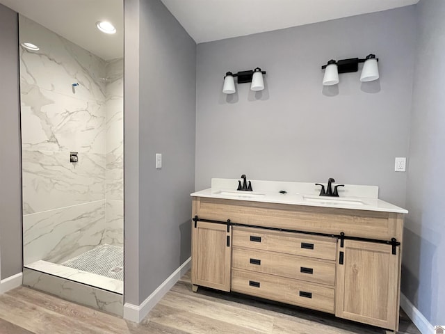 1360 Eagle Ln, Mayfield, KY 42066 - bathroom featuring a sink, a marble finish shower, and wood finished floors
