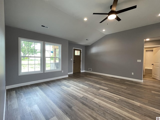 1360 Eagle Ln, Mayfield, KY 42066 - unfurnished living room featuring a ceiling fan, visible vents, vaulted ceiling, baseboards, and dark wood-type flooring